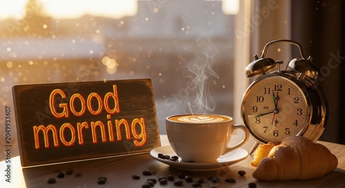 Good Morning Coffee Cup with Alarm Clock and Croissant