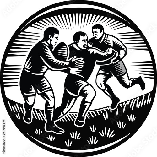 Rugby players, vector illustration, sports emblem, black and white