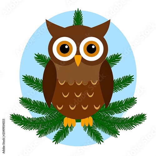 A brown owl with large eyes perches on green pine branches