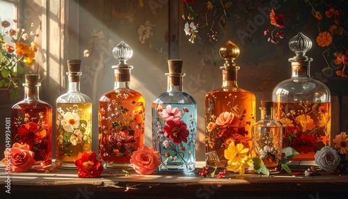 Display of decorative glass bottles, filled with colorful liquids, & floral arrangements, illuminated by light