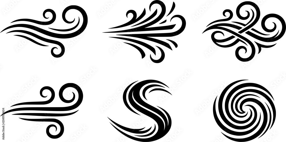 Fototapeta premium Stylized Black Wind Swirls and Decorative Air Flow Icons Collection for Weather, Motion, Nature, and Abstract Design Elements
