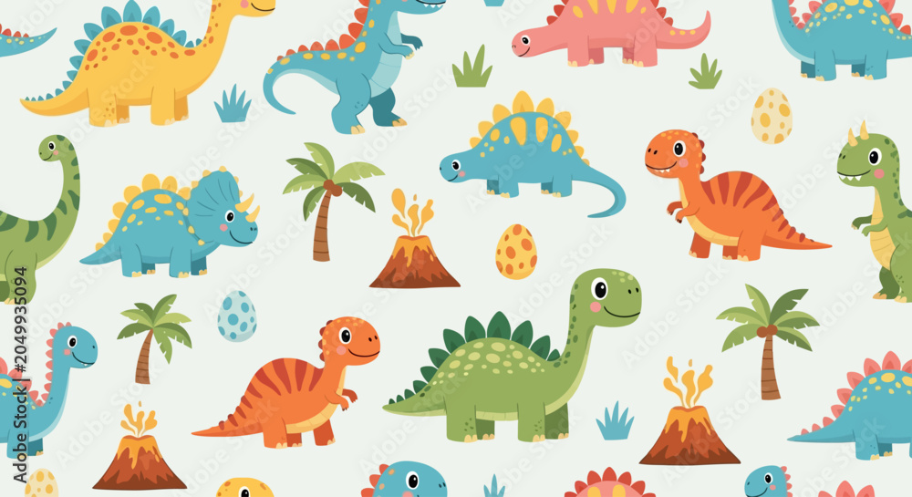 Fototapeta premium Seamless pattern of colorful cartoon dinosaurs with volcanoes and palm trees.