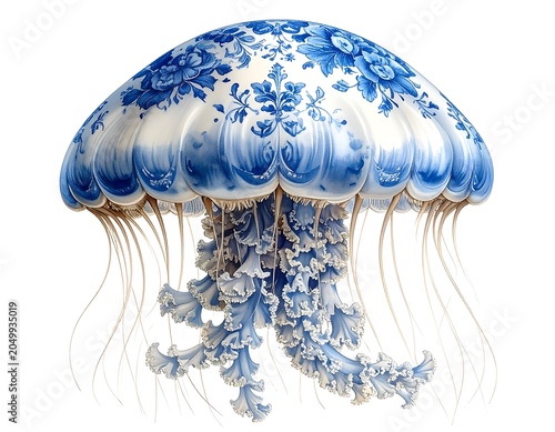 A blue and white jellyfish with floral patterns on its bell