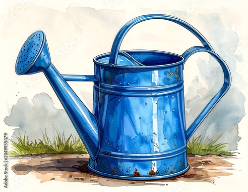 A blue watering can with a long spout and handle, sitting on dirt with grass behind
