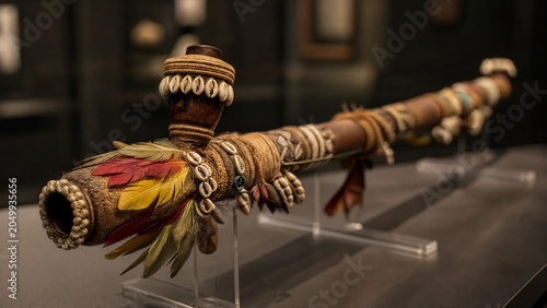 An ornate ceremonial blowpipe displayed in a museum case.