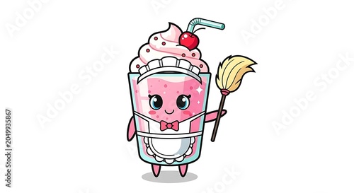 Adorable pink milkshake character dressed as a maid, holding a broom, and smiling with a cherry on top
