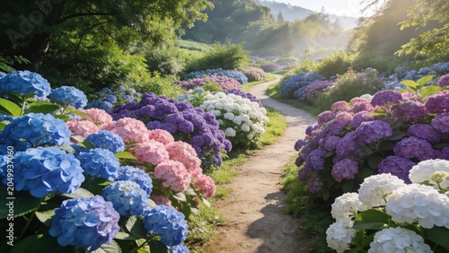 Colorful Hydrangea Garden in Bloom with Soft Summer Morning Sunlight