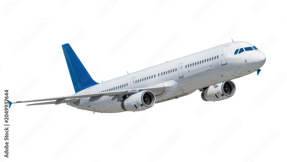 Fototapeta premium Modern white passenger jet airplane with blue tail, isolated on transparent background