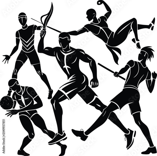 Black silhouette sports icons, athletic vector graphics, fitness illustrations, sports equipment, active lifestyle