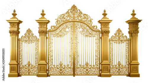 Ornate golden wrought iron gate with decorative columns, isolated on transparent background