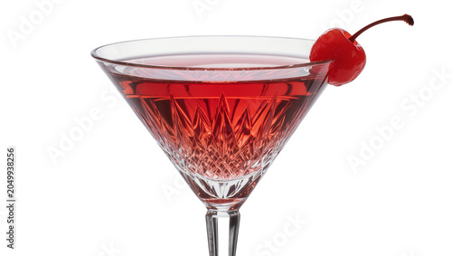 Photos Red cocktail in a crystal martini glass with a maraschino cherry, isolated on tr