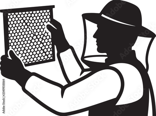 Beekeeper, bee hive frame, apiarist, beekeeping, silhouette, black and white, vector