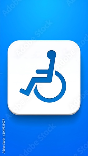 A blue and white sign with a person in a wheelchair
