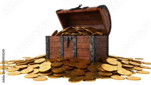 Fotografía Antique wooden treasure chest overflowing with gold coins, isolated on transpare
