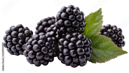 Fresh ripe blackberries with green leaves, isolated on transparent background