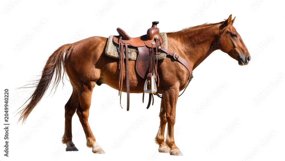Obraz premium Brown horse with western saddle, isolated on transparent background