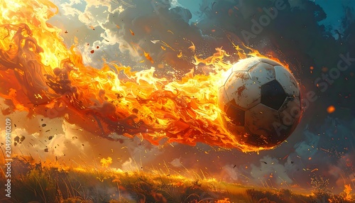 Digital painting of a soccer ball engulfed in flames, streaking across a vibrant sky above a grassy field