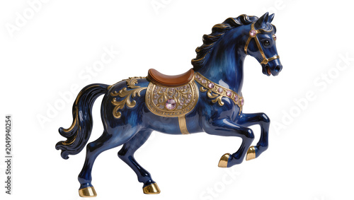 Foto Ornate dark blue carousel horse with gold accents and jewels, isolated on transp