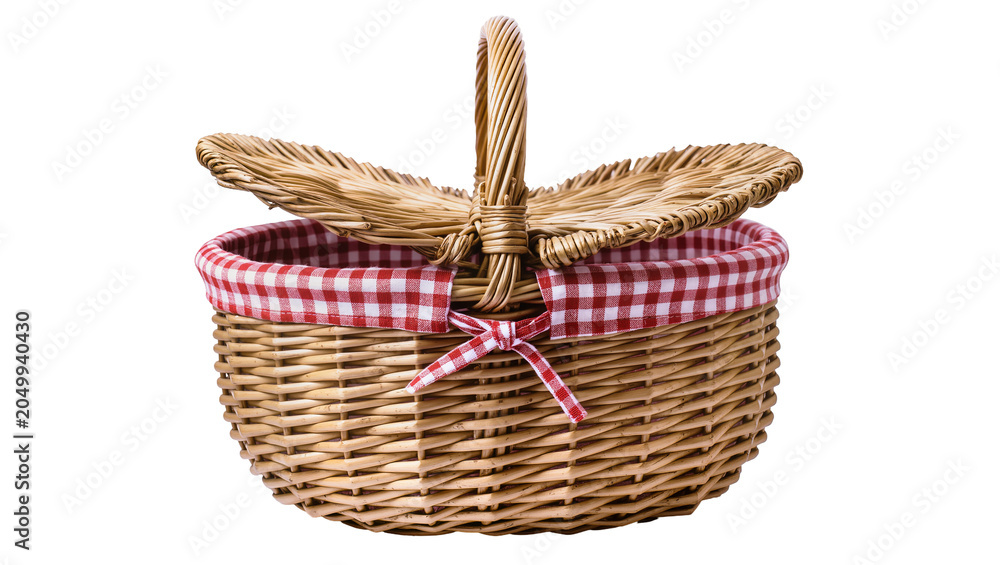 Obraz premium Woven wicker picnic basket with red gingham lining and bow, isolated on transparent background
