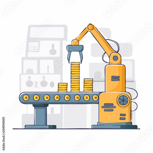 Robotic arm stacking coins on a conveyor belt