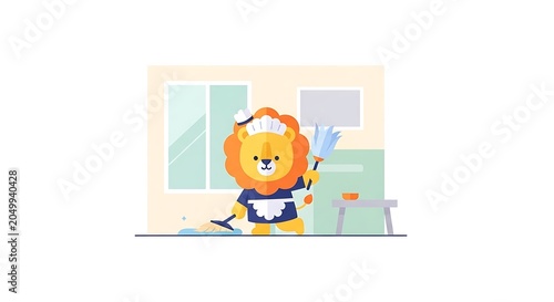An illustration depicting a friendly lion dressed as a maid, cleaning a room with a mop and feather duster, with a small stool nearby
