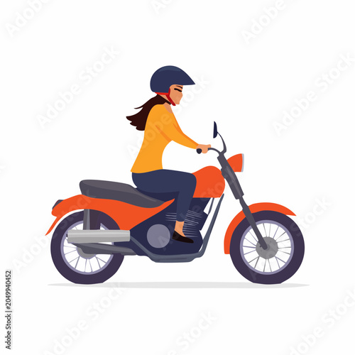 Woman riding an orange motorcycle with a helmet