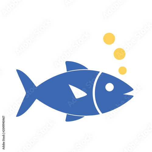 Minimalist Blue Fish Icon with Bubbles Design.