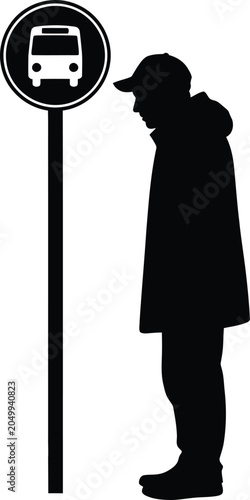 Man silhouette, bus stop sign, black vector icon, urban travel symbol, transportation illustration