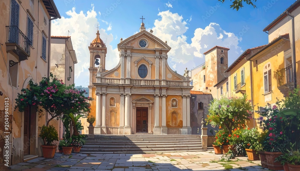 Fototapeta premium Digital painting of a sunlit Italian town square. A grand church is the focal point, framed by colorful buildings and lush plants