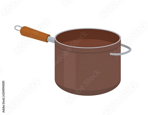 A brown pot with a wooden handle and metal rim