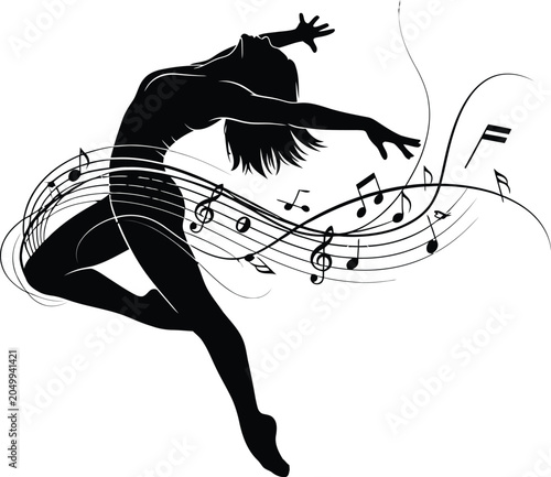 Dancing Woman Silhouette, Music Notes, Sheet Music Illustration, Vector Graphic
