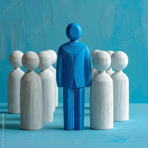 A blue wooden figure stands among a group of white wooden figures