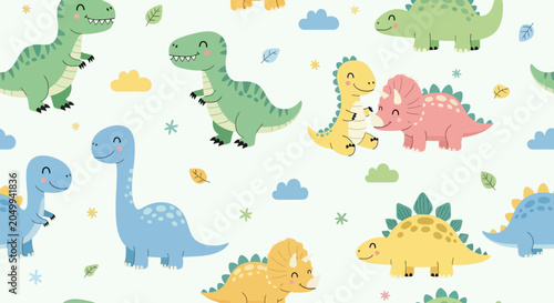 Seamless pattern with colorful cartoon dinosaurs and clouds on white background.
