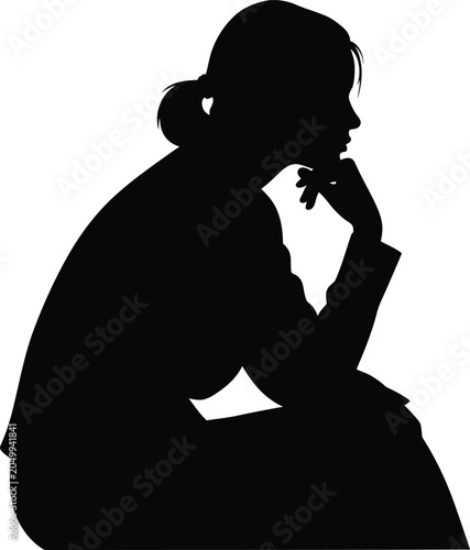 Silhouette of a thoughtful woman, black silhouette, profile view, contemplative mood, isolated