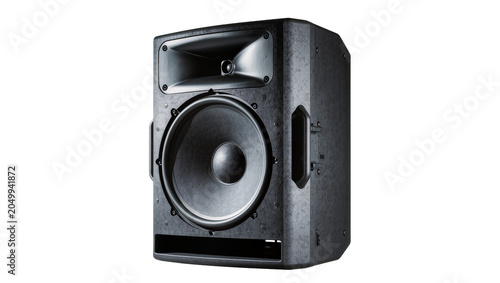 Фотография Professional black audio speaker with textured cabinet, isolated on transparent