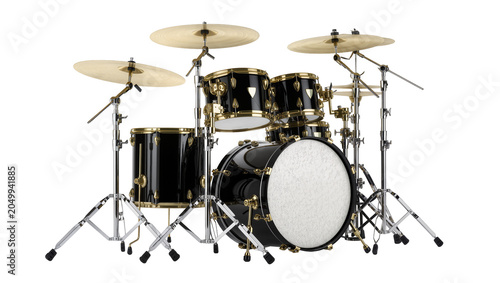 Fotografía Shiny black drum set with gold hardware, isolated on transparent background
