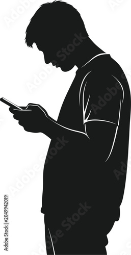 Black silhouette man, person using phone, mobile user, dark profile