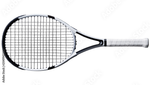 Obraz na płótnie Modern white and black tennis racket with taut strings, isolated on transparent