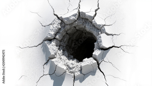 Принти на полотні Cracked white plaster surface with a dark hole in the center, isolated on transp