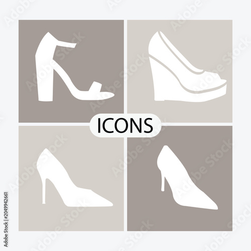 Obraz na płótnie Minimalist high heels icons set, elegant white female footwear silhouettes on beige background, collection of 4 stylish women shoes vector graphics for fashion retail and boutique branding