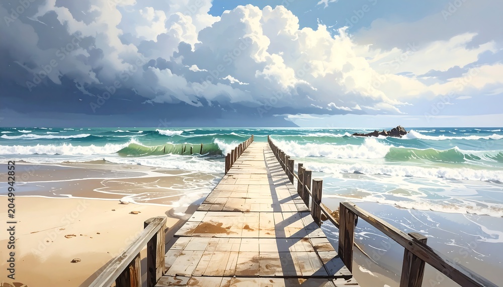 Fototapeta premium Digital painting of a wooden pier extending into a vast ocean under a dramatic sky with a mix of sun and dark storm clouds