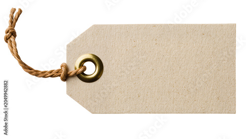 Foto Blank kraft paper price tag with brass grommet and twine, isolated on transparen