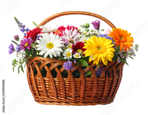 Beautiful flowers in basket on transparent png