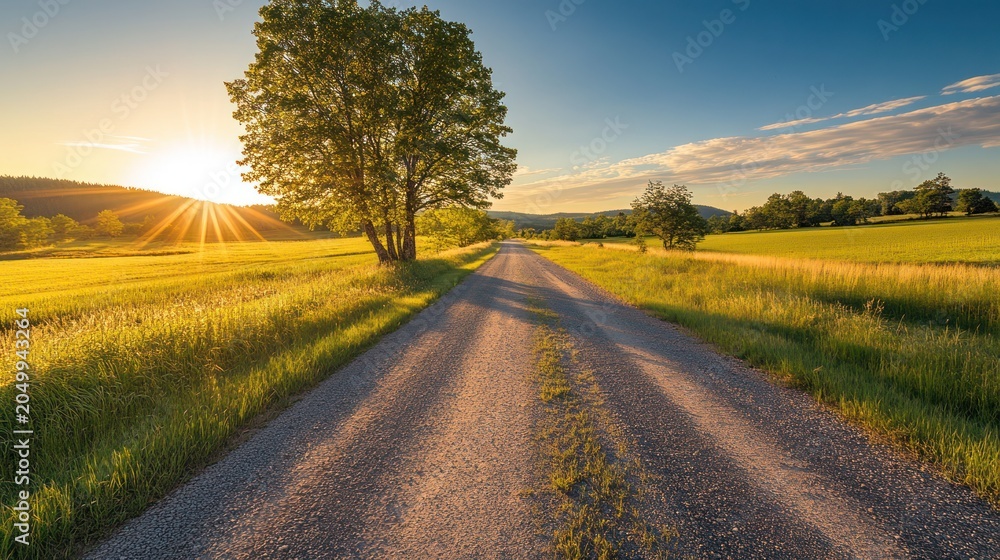 Naklejka premium Country road at sunset through fields