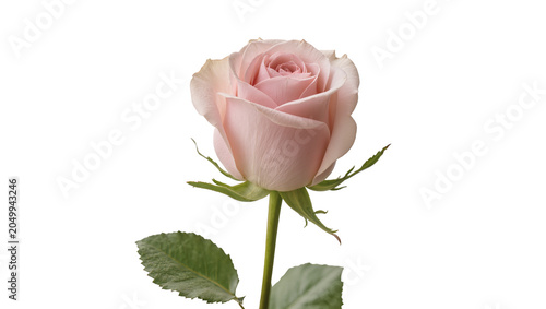 Delicate pale pink rose with green stem and leaves, isolated on transparent background
