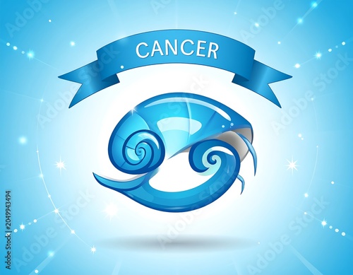 A blue zodiac symbol for Cancer, a star sign, on a gradient blue background with sparkles and a ribbon banner