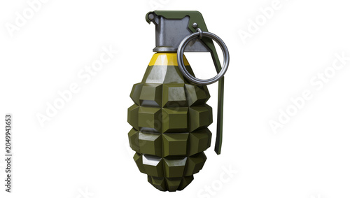 Konstfotografi Olive green fragmentation grenade with yellow band and silver pull ring, isolate