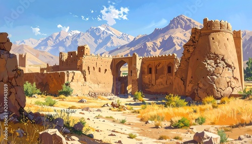 Digital painting of ancient architecture in a desert landscape. Mountains and blue sky backdrop. Dry vegetation and sunny scene