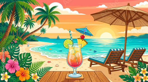 Foto Tropical beach paradise at sunset with cocktail, lounge chairs, and palm trees