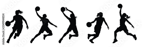 Female Basketball Player Silhouette Set Vector Women Sports Action Poses Collection.
